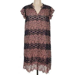 Voy Large Cocktail Dress Cap Ruffle Sleeve Lace Overlay Lined Midi Dusty Pink